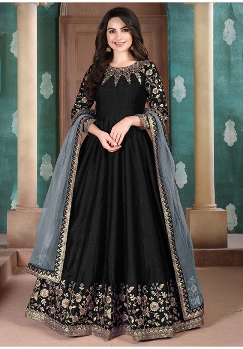 Black Indian Pakistani Bridal Gown Anarkali Suit In Net SFVPL18804