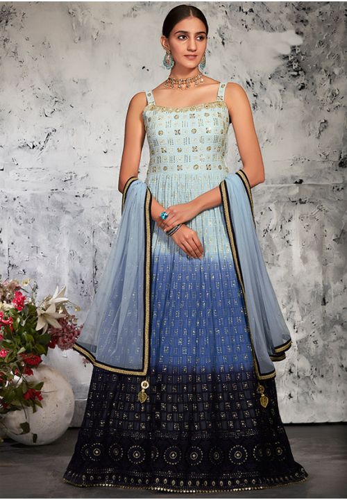 Blue Indian Pakistani Bridal Gown Anarkali Suit In Net SFVPL18803