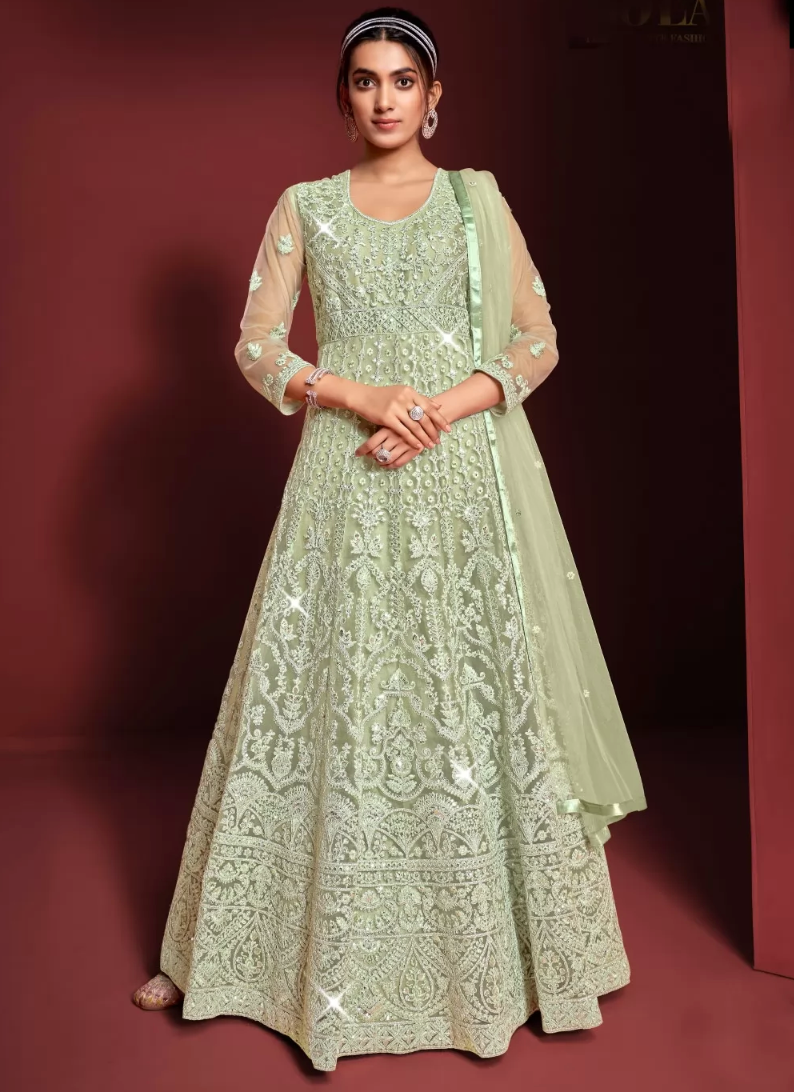 Green Net Wedding Indian Pakistani Long Gown Anarkali Suit