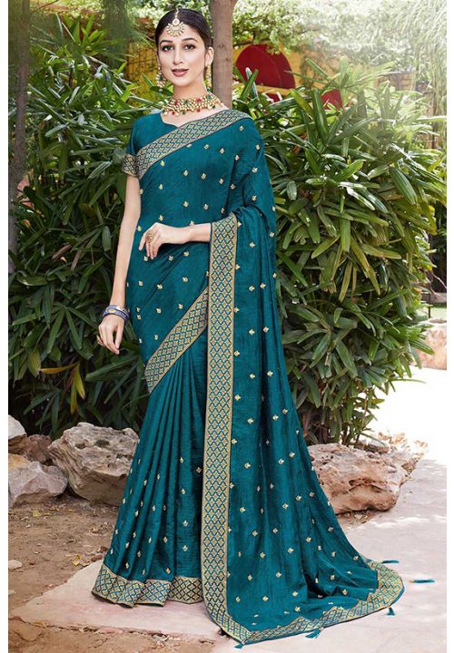 Teal Saree Sari Indian Soft Lichi Silk Bollywood Wedding Party Wear Fabric  Dress