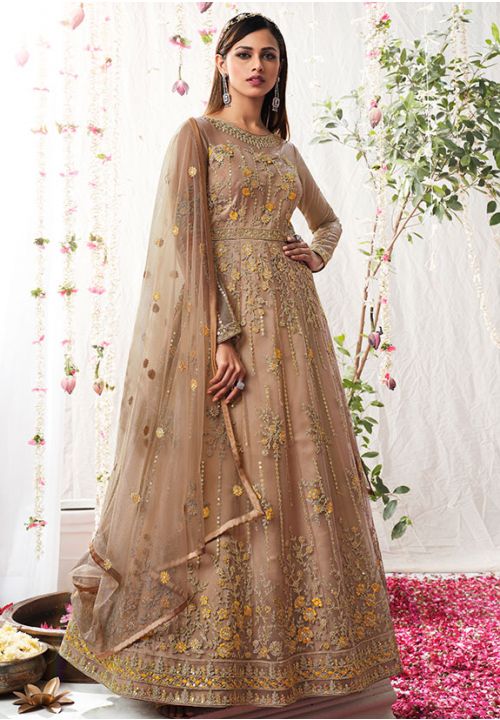 Designer Beige Color Ethnic Wear Embroidered Anarkali Dress In Net