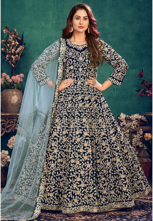 Blue Indian Pakistani Bridal Gown Anarkali Suit In Net SFVPL18803