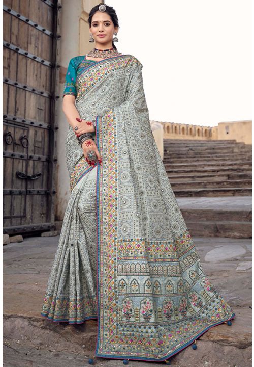 Grey Designer Traditional Saree with Fancy Silk Fabric and Hand Work