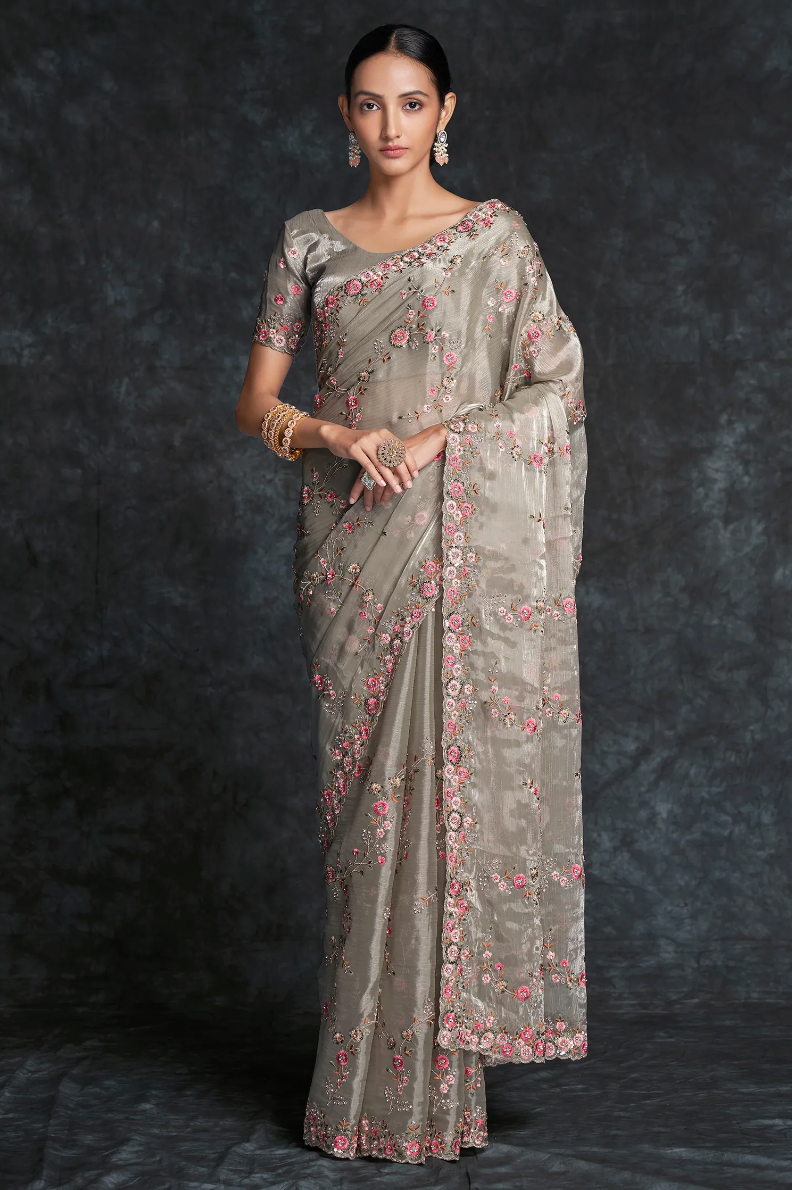 Olive Green Bridal Wedding Embroidered Floral Mesh Saree in Organza SFSAED1853