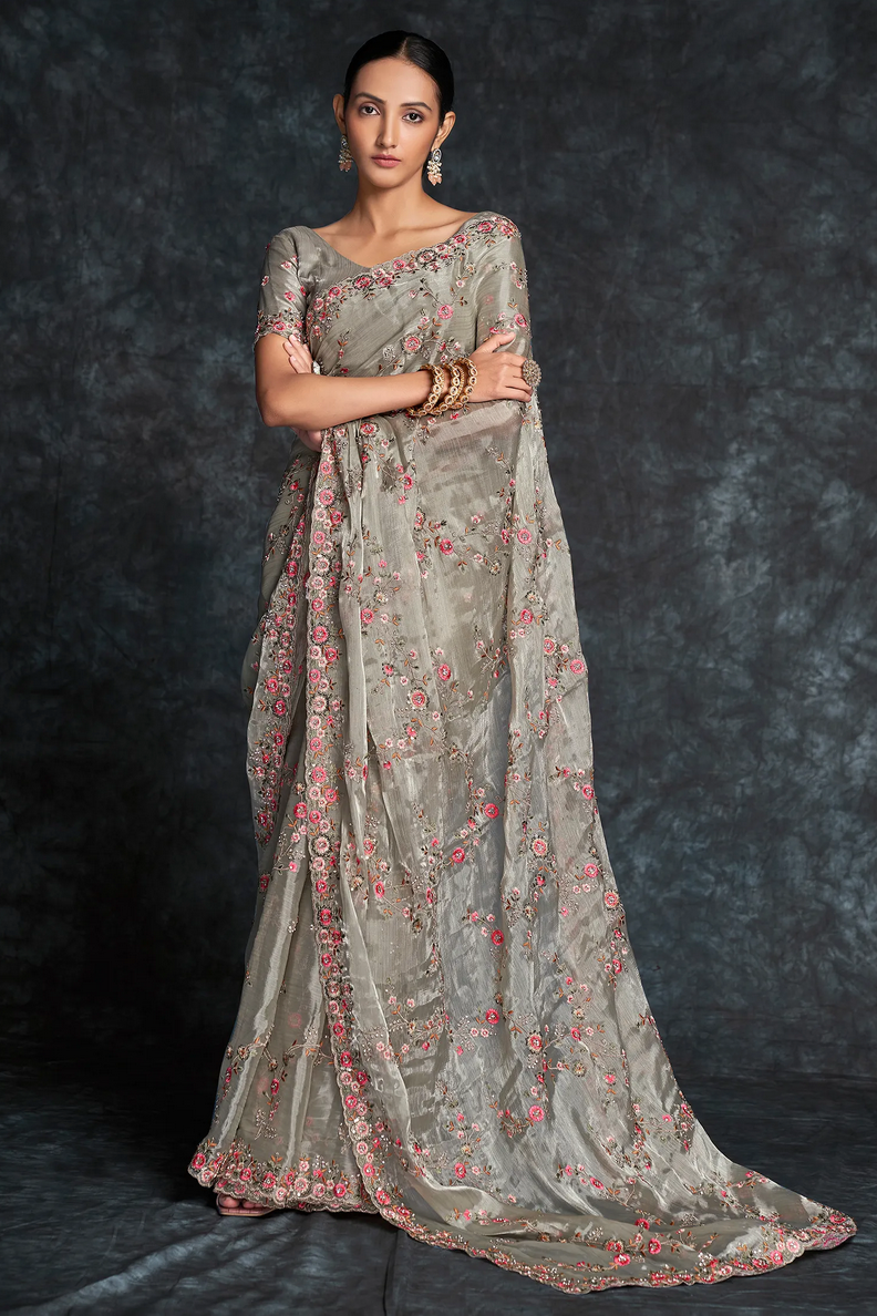 Olive Green Bridal Wedding Embroidered Floral Mesh Saree in Organza SFSAED1853