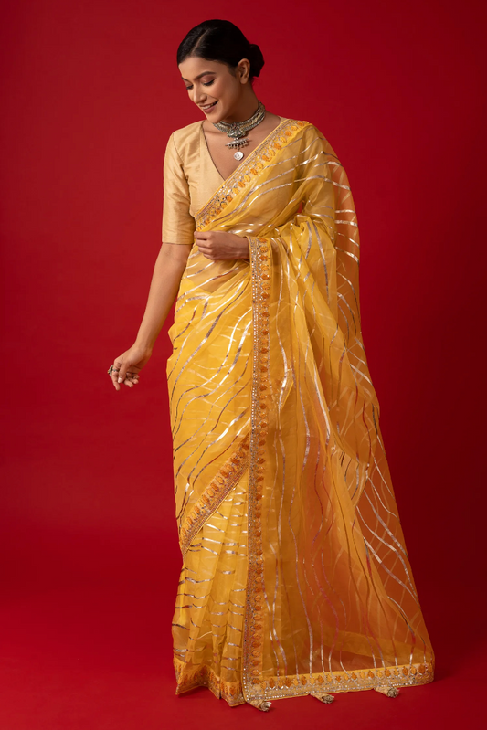 Yellow Wedding Embroidered Floral Mesh Saree in Organza SFPSADH3155