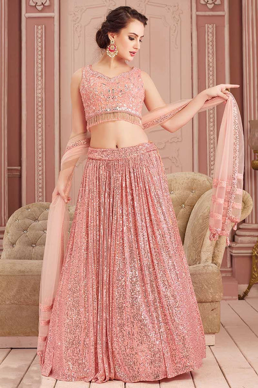 Mirror Work Peach Indian Lehenga Choli Designs In Sequins SF3235YDS - ShreeFashionWear  