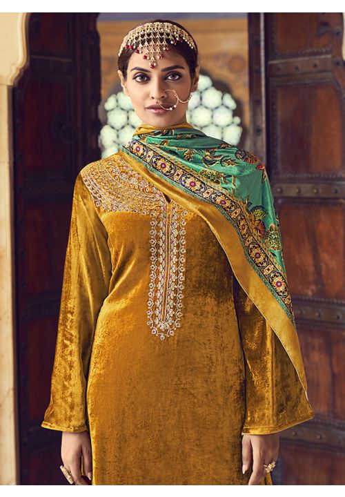 Yellow Plus Size Readymade Salwar Pants In Velvet SFDSIF11605