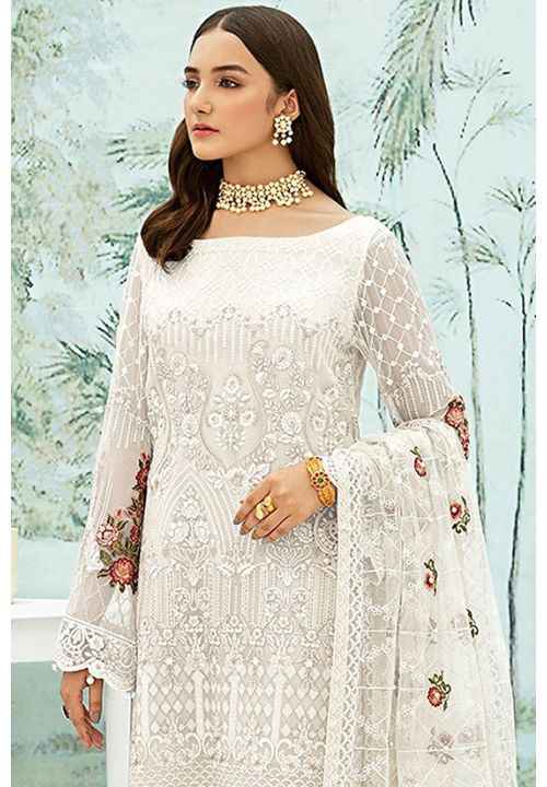 White Georgette Print Salwar Pant Churidar Suit SRROY373101 - ShreeFashionWear  