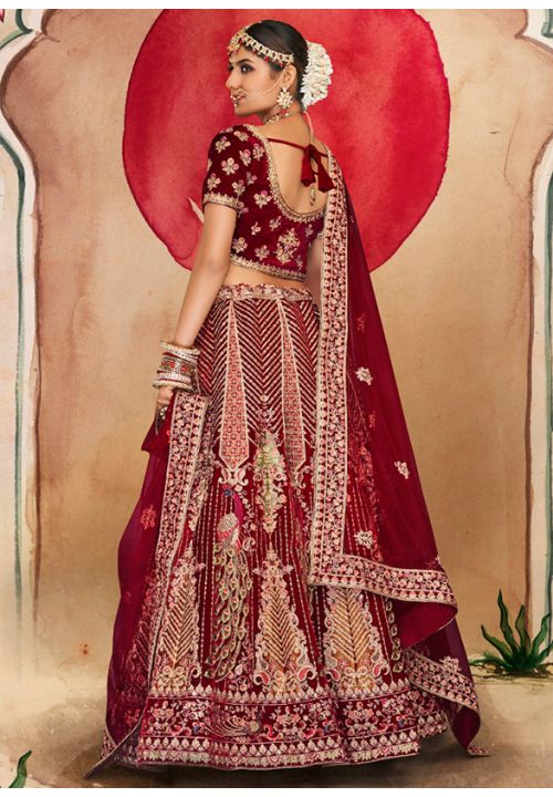 Maroon Velvet Wedding Lehenga Choli with Heavy Embroidery With Hand Work -  LC4347