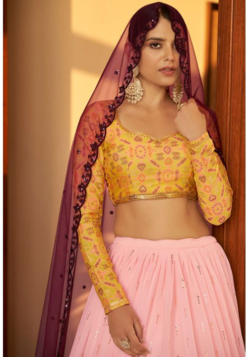Pink Yellow Wedding Sangeet Lehenga In Georgette SRKHU12303 - ShreeFashionWear  