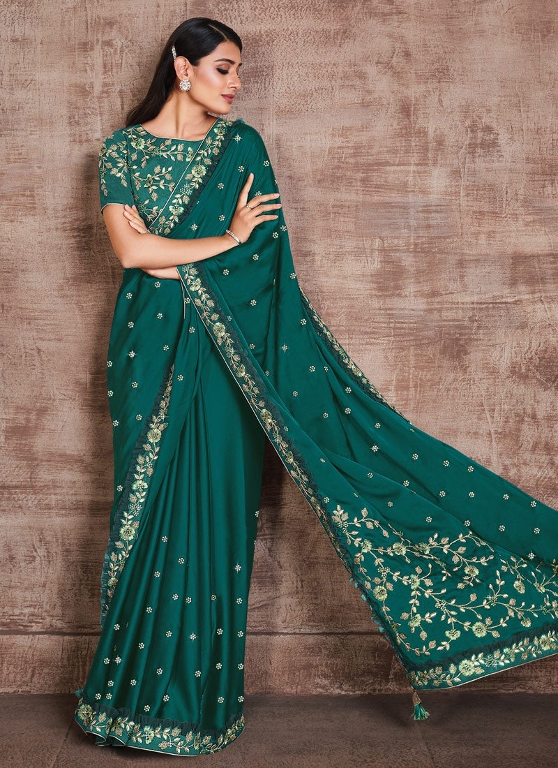 Green Silk Satin Wedding Party Designer Saree FZ101512 - ShreeFashionWear  