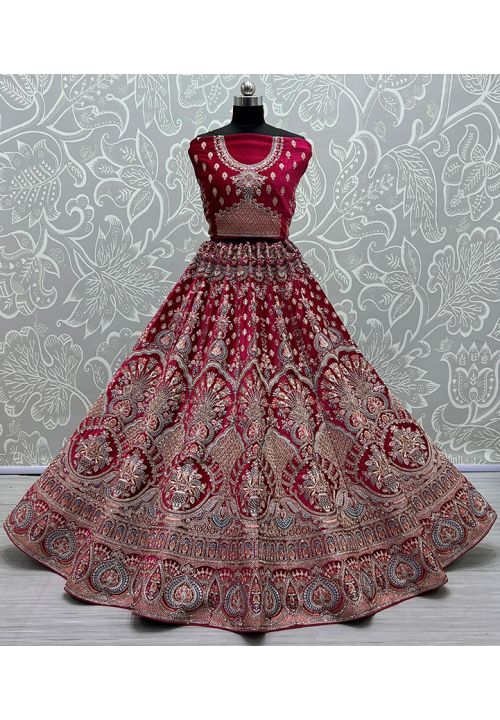 Oxblood-Red Velvet Lehenga Choli With All Over Peacock Feather Design  Embroidery and Sequins with Beautiful Dupatta | Exotic India Art