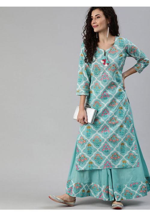 Turquoise Designer Pure Cotton Kurti With Sharara SHRE027 - ShreeFashionWear  
