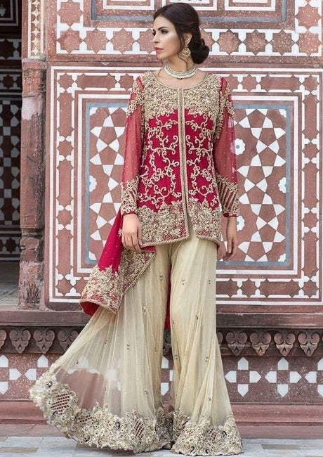 Bridal Red Sharara Suit Shimmer In Net SHREM433 - ShreeFashionWear  