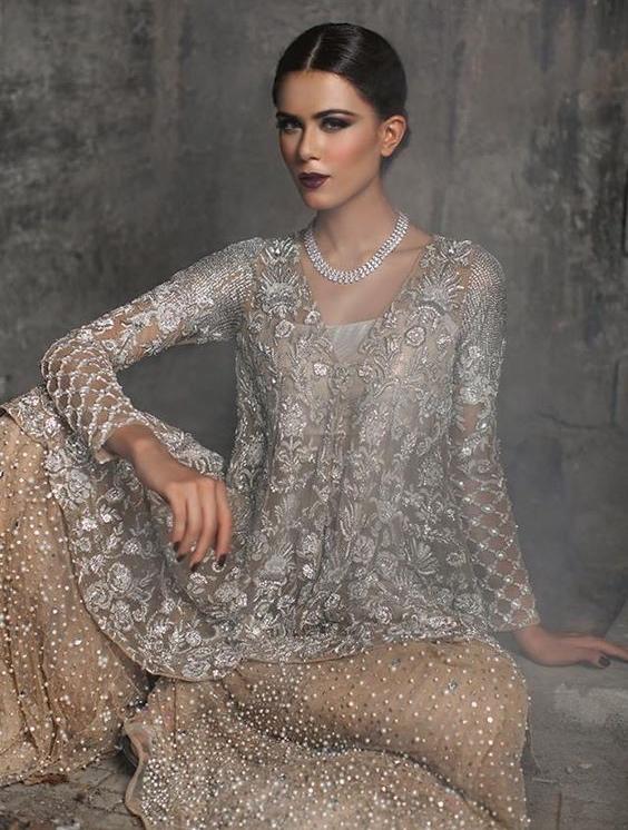 Pakistani Beige Silver Bridal Sharara Suit Dabka Work INS1537 - ShreeFashionWear  