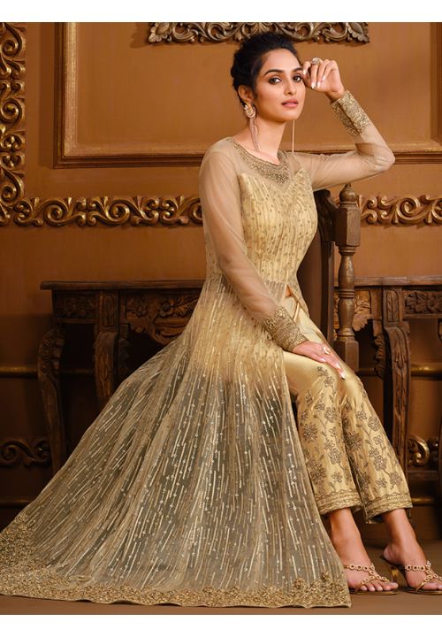 Gold Cream Indian Pakistani Bridal Gown Anarkali Suit In Net  SFVPL18805 - ShreeFashionWear  