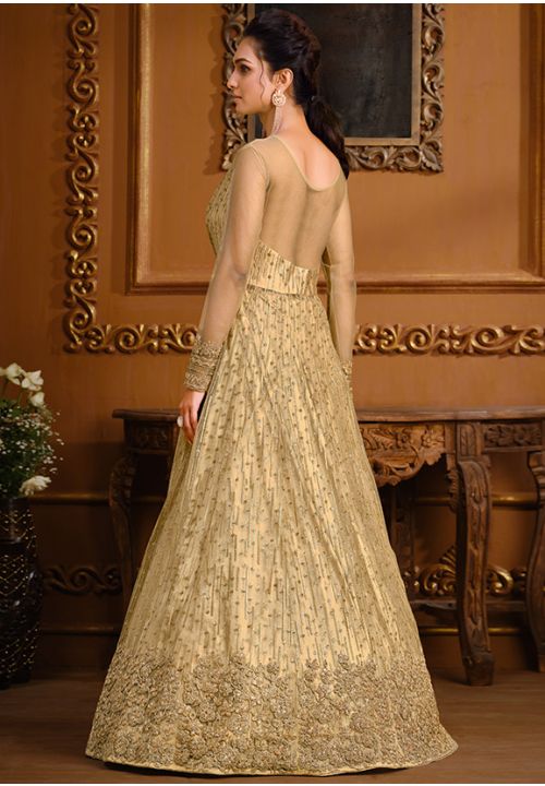 Silk Brocade in Golden beige colour with Georgette Saree Gown – Panache  Haute Couture