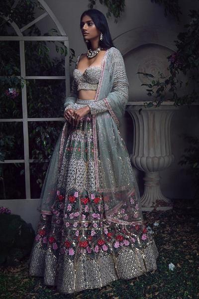 Heavily embroidered lilac & grey lehenga with baby pink sequinned blouse  and pale blue embroidered dupatta – Shyamal and Bhumika New Collection 2015  – A Little Romance – Autummn-Winter Collection 2015 – Shinjini Amitabh  Chawla