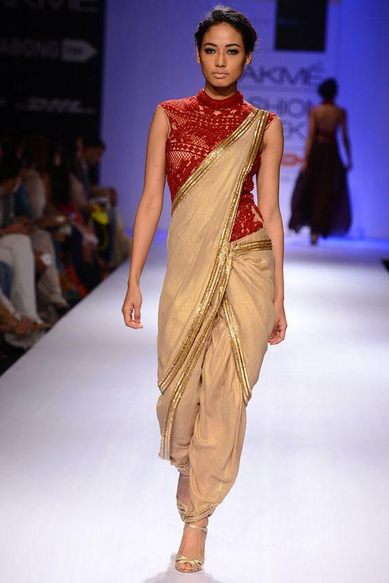 Siya Fashions Ready Made Saree In Gold And Red SFSE210 - ShreeFashionWear  