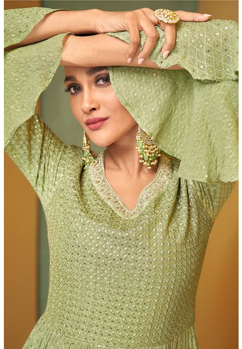Green Reception Anarkali Wedding Gown In Georgette SYYS88102