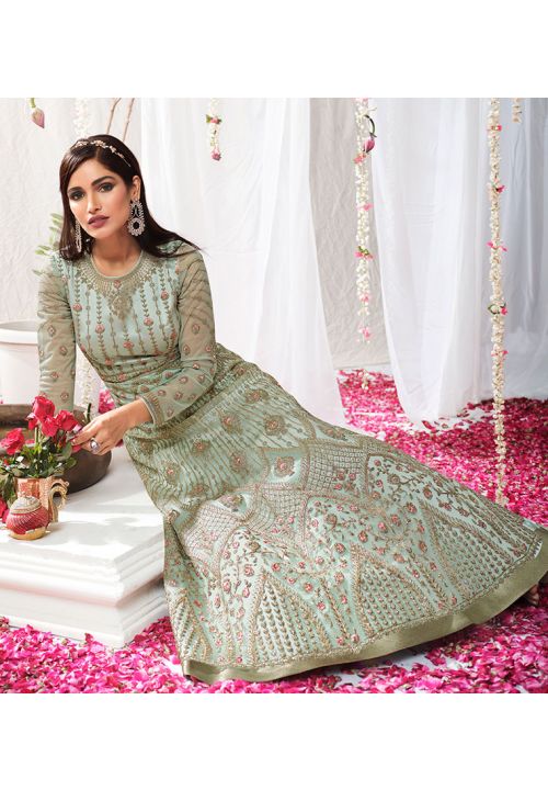 Olive Grey Wedding Reception Designer Net Anarkali Suit SRSWG7201 - ShreeFashionWear  