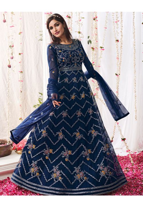 Navy Wedding Reception Designer Net Anarkali Suit SRSWG7202 - ShreeFashionWear  