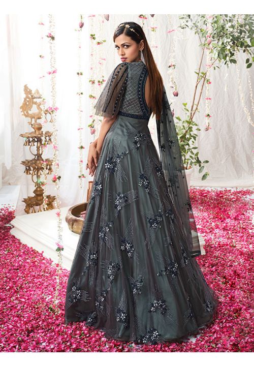Grey Wedding Reception Designer Net Anarkali Suit SRSWG7204 - ShreeFashionWear  