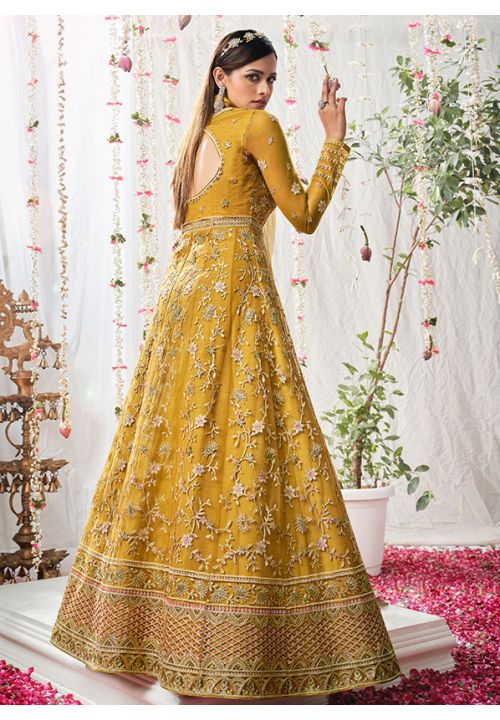 Yellow Wedding Reception Designer Net Anarkali Suit SRSWG7205 - ShreeFashionWear  
