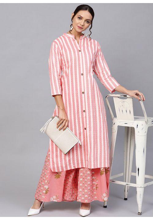 Pink Designer Pure Cotton Kurti With Palazzo Suit SHRE022 - ShreeFashionWear  