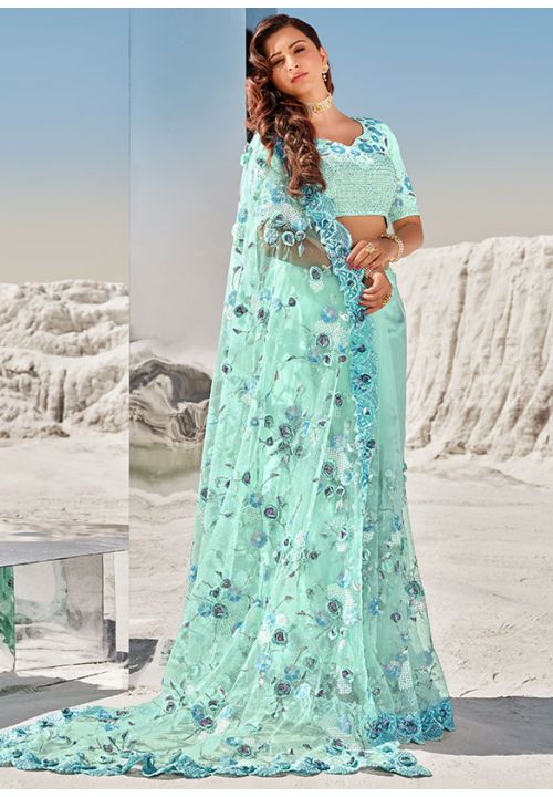 Blue Indian Pakistani Wedding Party Net Designer Saree SRSJDN4305 - ShreeFashionWear  