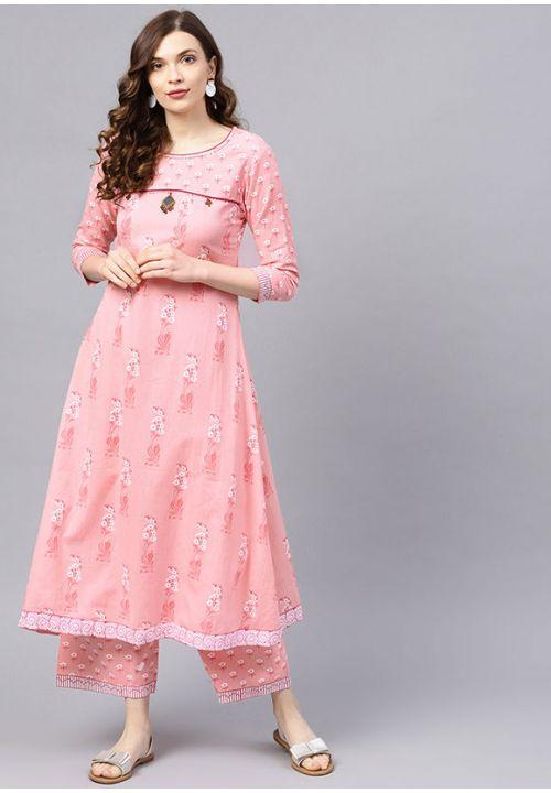 Pink Floral  Stylish Designer Pure Cotton Kurti With Sharara SHRE032 - ShreeFashionWear  