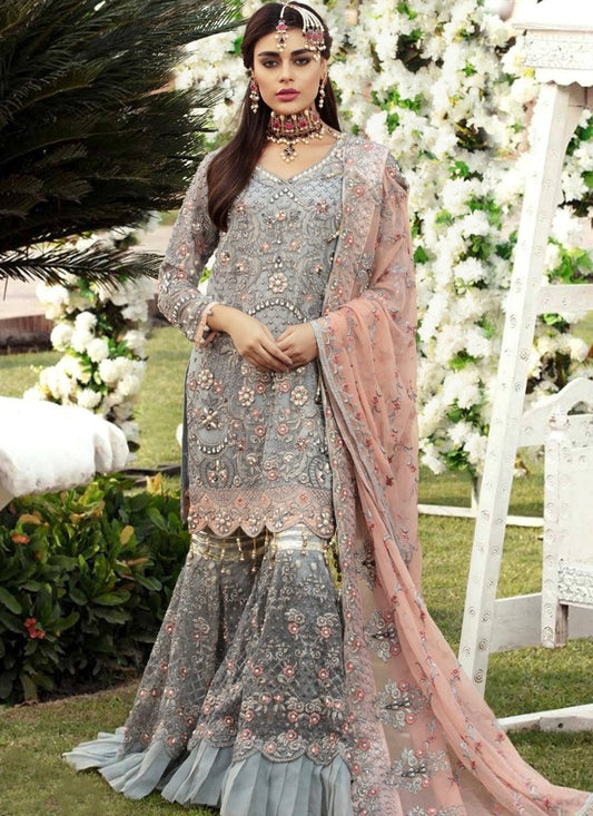 Wedding Grey Sharara Kameez Suit With Beads SI1230YDS - ShreeFashionWear  