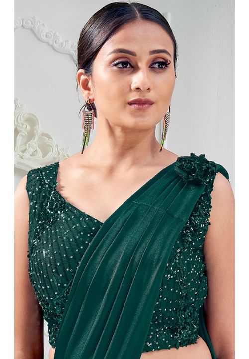 Green Soft Lycra Deisgner Indian Wedding Party Saree  SREXO31304 - ShreeFashionWear  