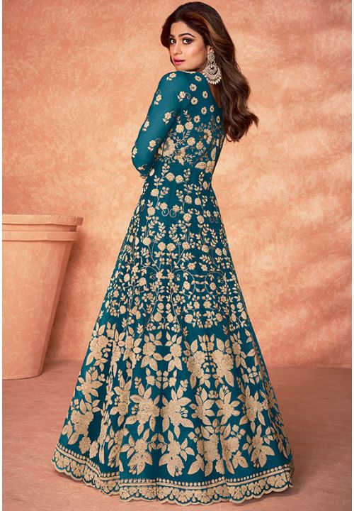 Teal Wedding Long Anarkali Suit Gown SRSA332401 - ShreeFashionWear  