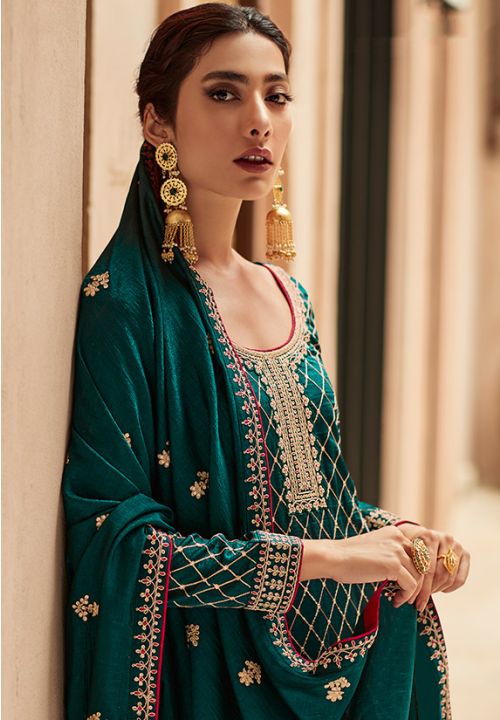 Green Indian Pakistani Silk Long Palazzo Suit SFYS88903