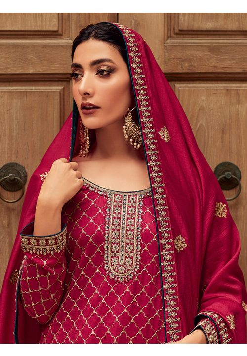 Pink Indian Pakistani Silk Long Palazzo Suit SFYS88905