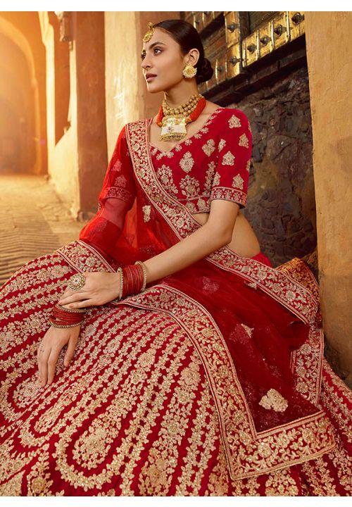 Red Bridal Indian Pakistani Bridal Lehenga In Velvet SRARY7401