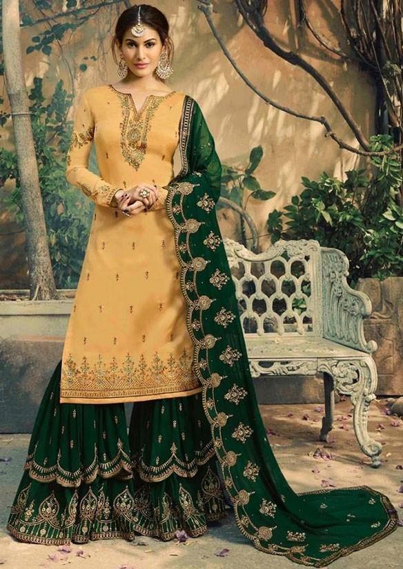 Apricot And Bottle Green Satin Georgette Sharara Suit SY1367 - ShreeFashionWear  