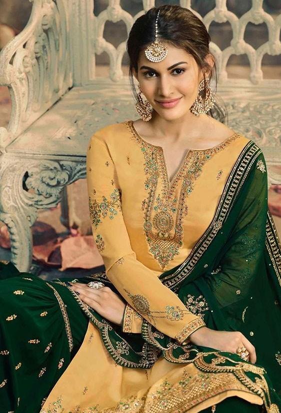 Apricot And Bottle Green Satin Georgette Sharara Suit SY1367 - ShreeFashionWear  