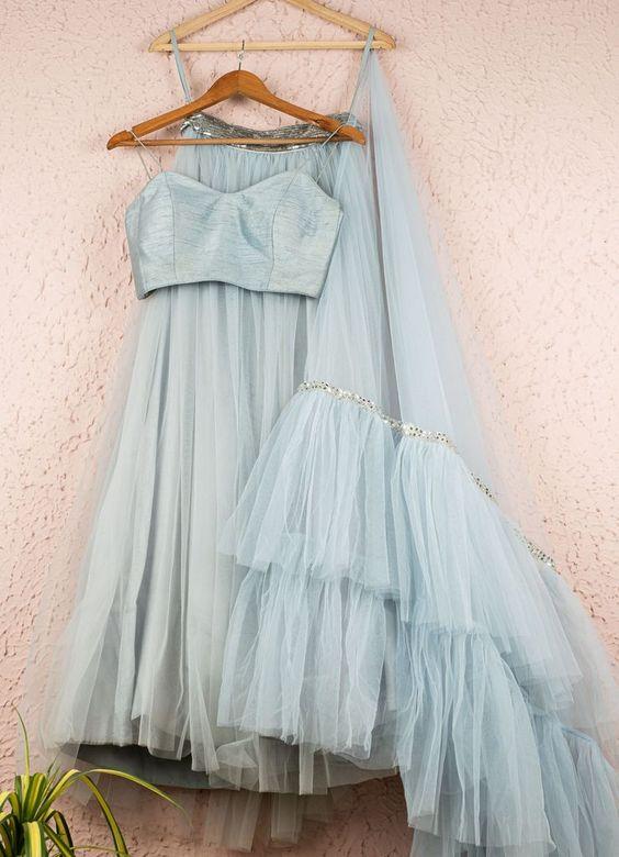 Aqua Blue Wedding Party Silk Layer Net Lehenga Set  INSPMAY427 - ShreeFashionWear  
