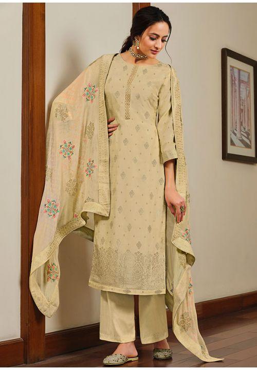 Beige Dola Silk Sangee Plus Size Salwar Kameez Suit EXSTL14102 - ShreeFashionWear  