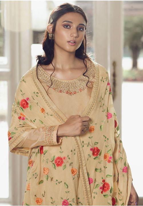 Beige Plus Size Chinnon Fabric Palazzo Salwar Kameez PLUS453 - ShreeFashionWear  