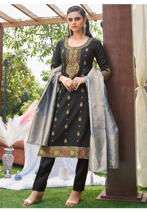 Black Banarasi Silk Salwar Pant Churidar Suit SRLLT40903 - ShreeFashionWear  