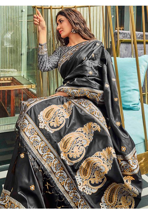 Black Indian Pakistani Woven Pure Silk Saree SFSA286401 - ShreeFashionWear  