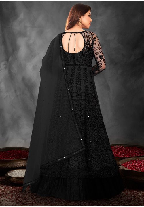 Black Long Anarkali Suit In Net Swarovski Work SRSA317003 - ShreeFashionWear  