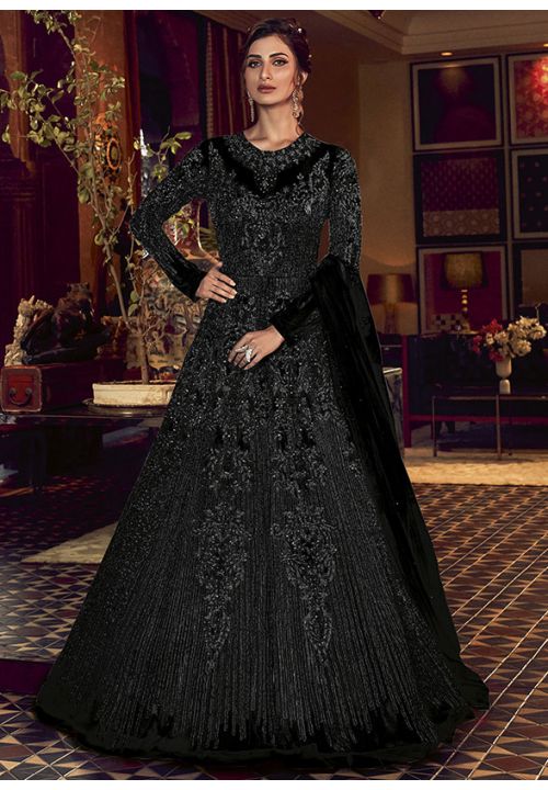 Black Online Bridal Anarkali Gown In Net SFSWG6006B - ShreeFashionWear  
