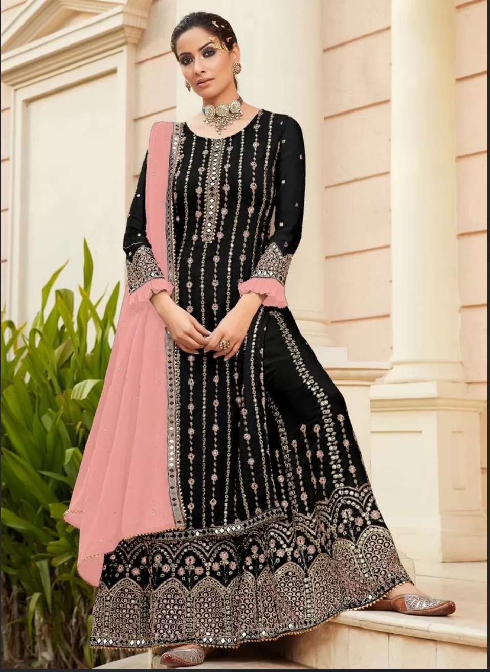 Black Embroidered Slitted Palazzo Suit In Georgette