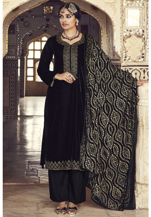 Black Plus Size Readymade Salwar Pants In Velvet SFDSIF11200