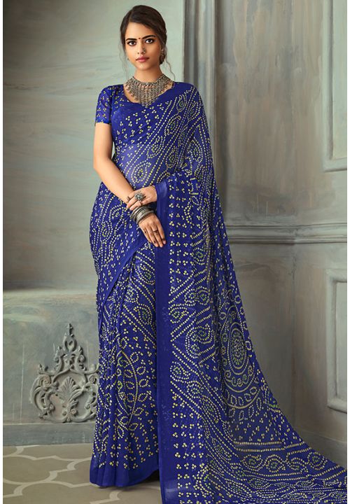 Blue Bandhani Print Chiffon Indian Sangeet Wedding Saree SRSA268302 - ShreeFashionWear  